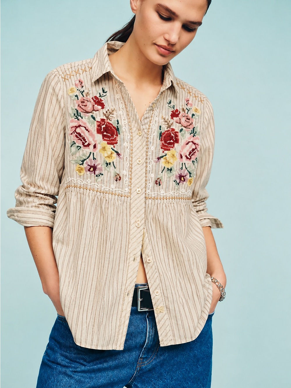 Johnny Was Beige Striped Button-Down Shirt with Multicolor Floral Embroidery